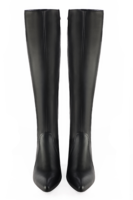 Satin black women's feminine knee-high boots. Tapered toe. Medium cone heels. Made to measure. Top view - Florence KOOIJMAN